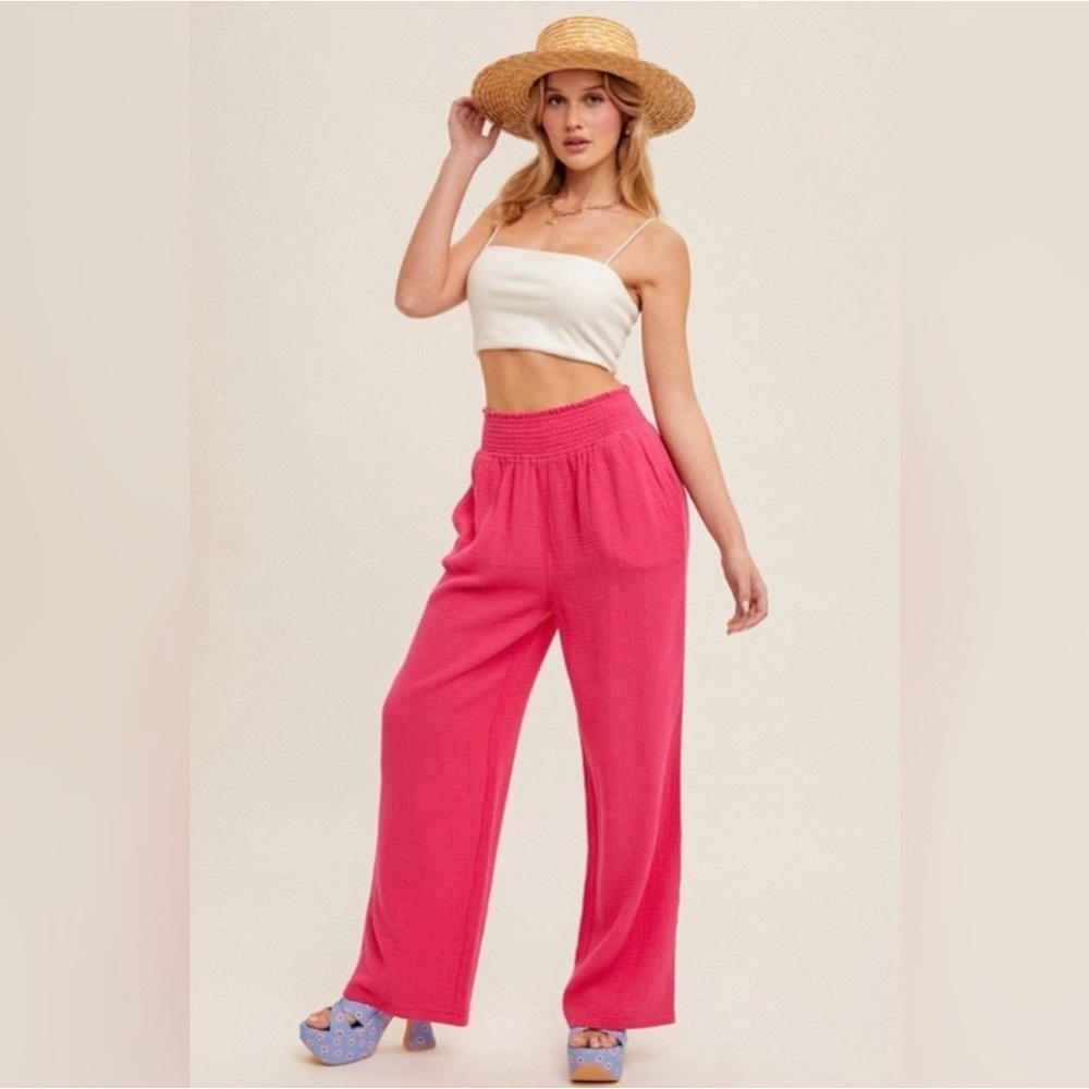 Hem & Thread Crinkle Pink Gauze‎ Smocked Waist Pants Large NWT